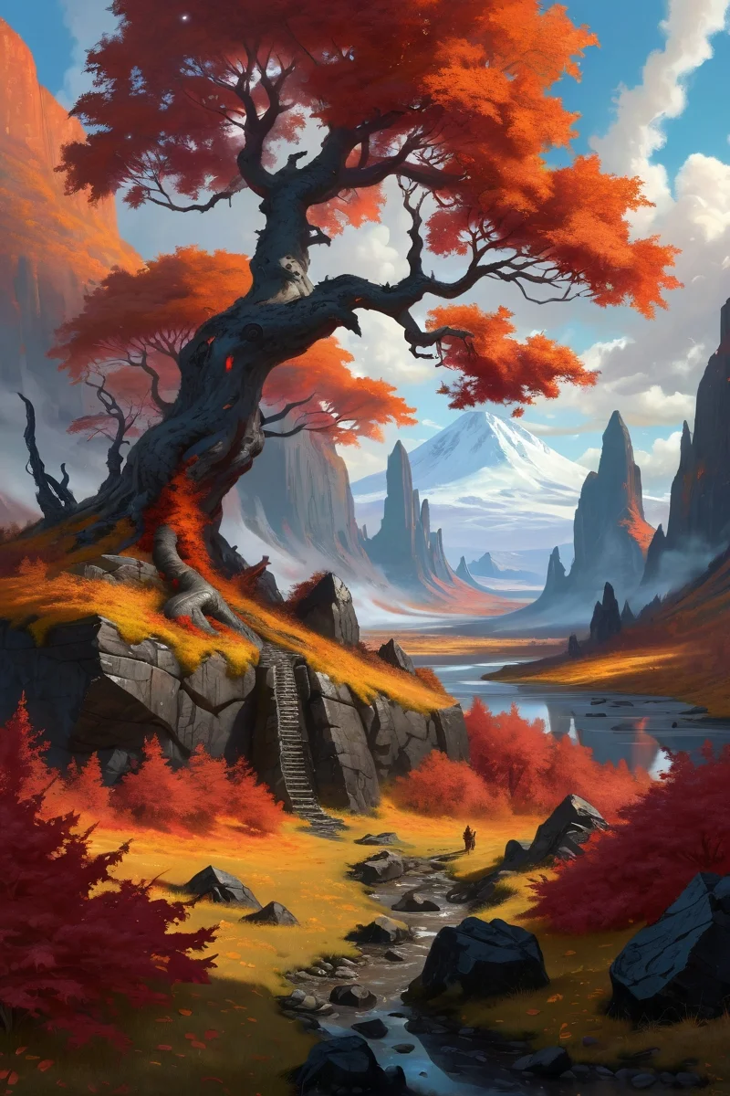 autumn maple forest showing crimson foliage, volcanic glass ruin fields where frozen lava flows preserve ash-fall moments, the razor-sharp landscapes patrolled by glass-hawk sentries, cinematic view, epic sky, detailed, concept art, low angle, high detail, warm lighting, volumetric, godrays, vivid, beautiful, trending on artstation, by jordan grimmer, huge scene, grass, art greg rutkowski,
 <lora:detailed_notrigger:0.7>, <lora:add-detail-xl:0.3>, oil painting art style from Renaissance period, masterful composition, Renaissance mood, renaissance oil painting, brush strokes, Baroque art style, dynamic composition, dramatic lighting, rich colors, intricate details, professional-grade execution, captures the grandeur and theatricality of the Baroque period