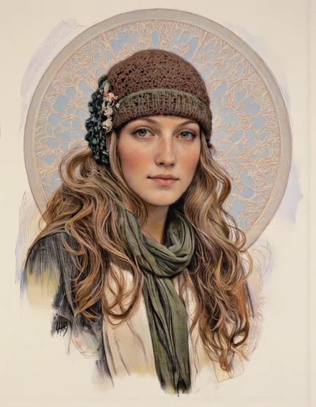 Art by Thomas Haller Buchanan. A portrait of a woman with long, wavy brown hair, wearing a knitted beanie and a green scarf. she is positioned in the middle of the image, facing the viewer with a neutral expression. her eyes are looking directly at the viewer, and she has a slight smile on her lips. the background is a soft, pastel-colored with a circular lace pattern behind her. the image is signed "nhb" in the bottom right corner, adding a personal touch to the artwork.