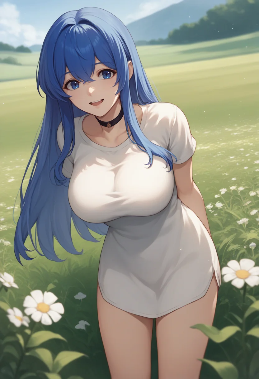 score_9, score_8_up, score_7_up, source_anime BREAK 1girl, solo, <lora:caeda-fe-richy-v1_pdxl:1> caedarnd, blue eyes, blue hair, long hair, bangs, large breasts, smile, open mouth, white shirt, black choker, arms behind back, standing, outdoors, field, bottomless, bare legs, fantasy
