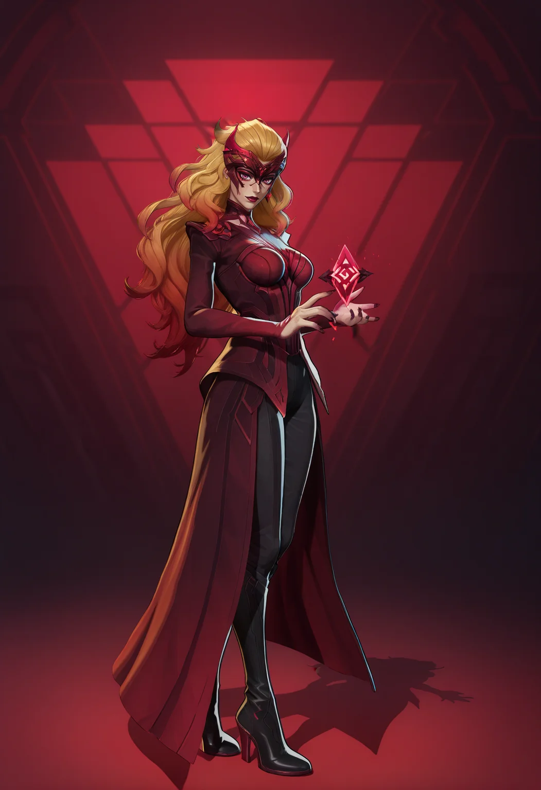 masterpiece, best quality, amazing quality, intricate detail, highly detailed, absurdres, very aesthetic, dynamic lighting, detailed background,
<lora:MarvelRivals:1> r1vals,
1girl, solo, long hair, high heels, blonde hair, boots, high heel boots, mask, full body, multicolored hair, red hair, standing, makeup, looking at viewer, nail polish, holding, black footwear, fingernails