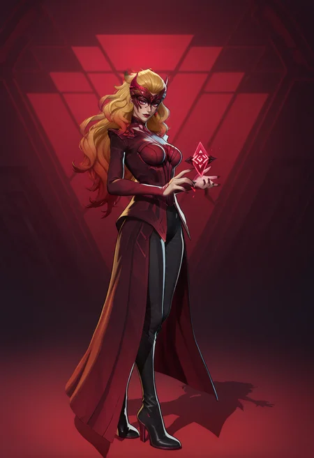 masterpiece, best quality, amazing quality, intricate detail, highly detailed, absurdres, very aesthetic, dynamic lighting, detailed background,
<lora:MarvelRivals:1> r1vals,
1girl, solo, long hair, high heels, blonde hair, boots, high heel boots, mask, full body, multicolored hair, red hair, standing, makeup, looking at viewer, nail polish, holding, black footwear, fingernails