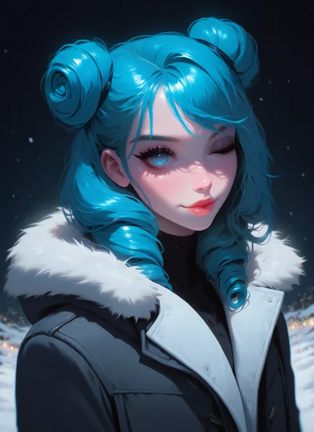 artist:, masterpiece, best quality, newest, very awa, absurdres, highres, sfw, dprd, 1girl, lips, wink, light blue eyes, teal hair, Twisted Bun hair, clothed, winter coat, looking at viewer, night, snow, detailed, <lora:DeepRed-Style:1.0>