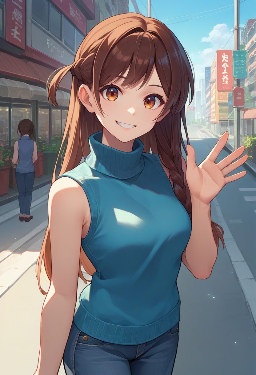 score_9, score_8_up, score_7_up, source_anime, solo, 1girl, mizuhara chizuru, smile, looking at viewer, standing, waving, braid, one side up, blue sweater, turtleneck sweater, sleeveless sweater, jeans, outdoors, city street <lora:rentagirlfriend_mizuhara_ponyXL:1>