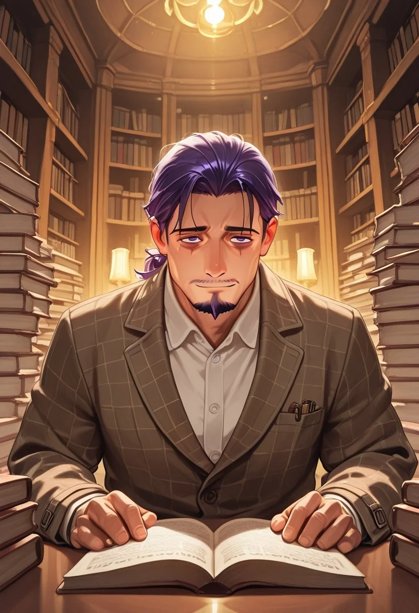 1boy, mbti_intp, mature man, purple eyes, droopy eyes, eye bags, tied hair, goatee, sitting in a vintage library, surrounded by stacks of books, wearing a tweed jacket, reading a weathered tome, a slight, knowing smile, warm lamplight, rich wood tones, scholarly atmosphere, aesthetically pleasing details