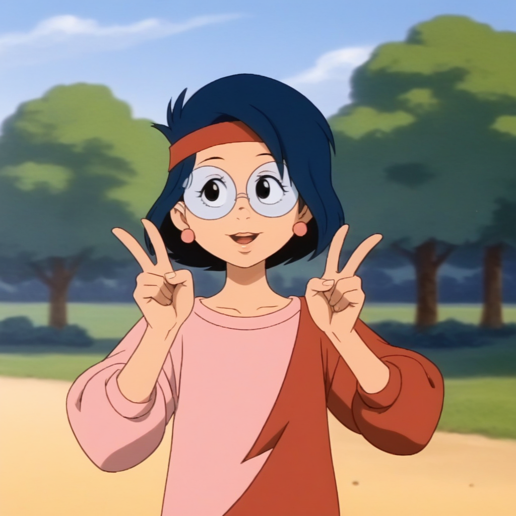 score_7_up, BREAK, annie, 1girl, solo, short hair, blue hair, black eyes,  headband, glasses, earrings, mismatched red sleeves, shirt, cowboy shot, outdoors,  <lora:Annie_MPM_PXL_Leaf2:0.8>, double v,