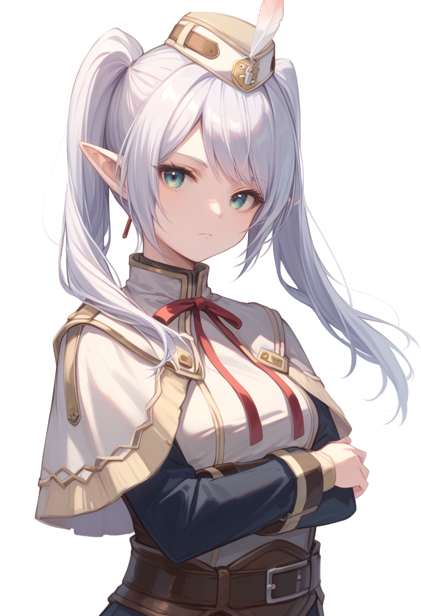 (score_9:0.9),score_8_up,score_7_up,rating_safe,anime_style,(zPDXL),<lora:hub lass and Brigade Armor ponyXL v1.2:0.7>,brigade clothes,1girl,solo,white hat,upper body, white background,simple background,looking at viewer,standing,white clothes,black long sleeves,closed mouth,white capelet,red neck ribbon,<lora:frierenponyxl:1>,Frieren,pointy ears,twintails, crossed arms,