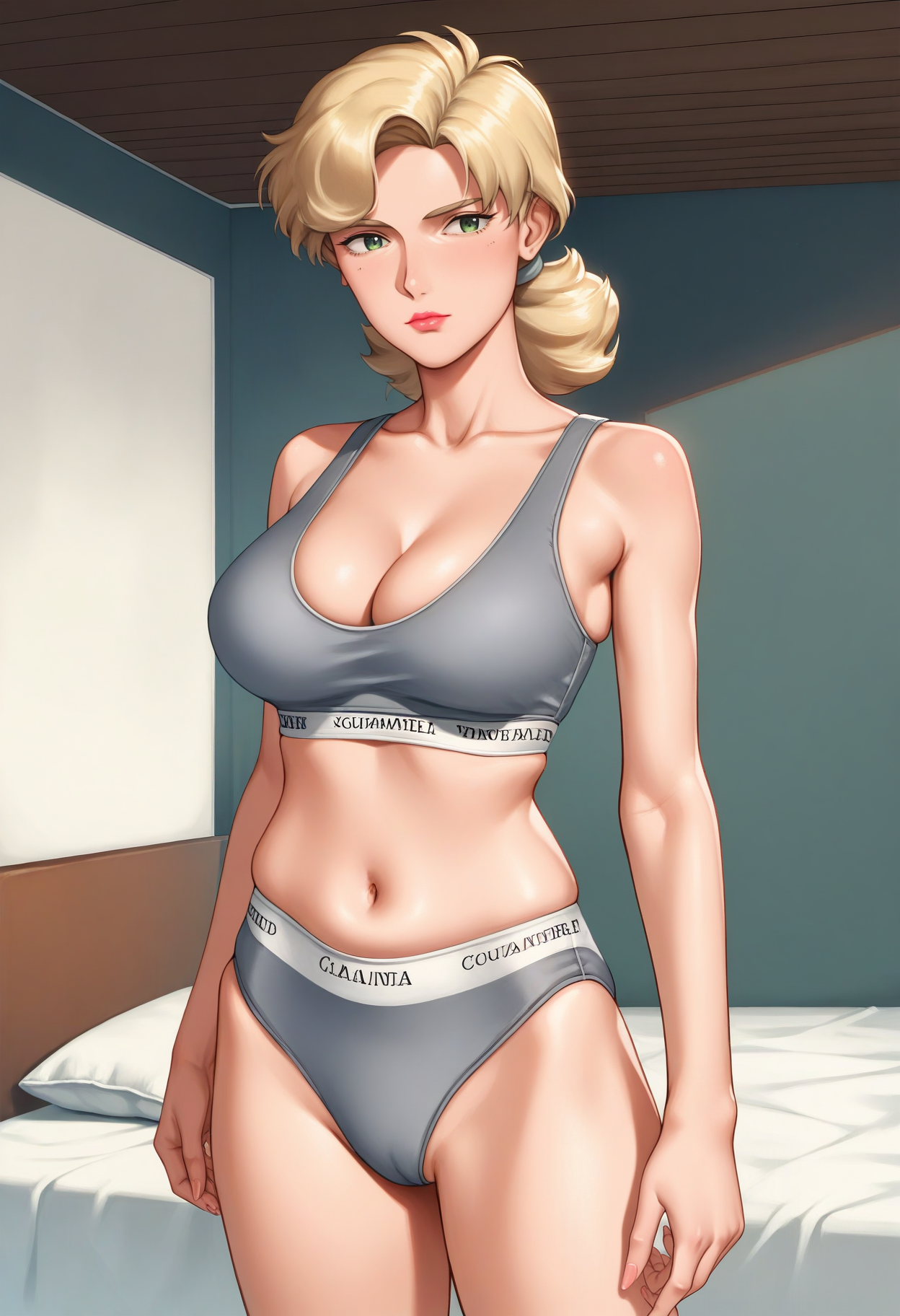 score_9, score_8_up, score_7_up, score_6_up, source_anime, <lora:CalvinKleinSF:0.6>, <lora:VGundamMyraMiggell:1>, VGundamMyraMiggell, 1girl, blonde hair, low ponytail, green eyes, lipstick, aged up,
CalvinKleinSF, calvin klein, sports bra, grey panties, wedgie, grey bra, skindentation, cleavage, 
standing,
BREAK on bed, indoors,