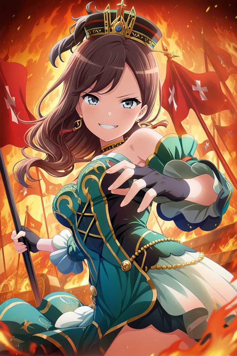 masterpiece, best quality, amazing quality,
<lora:Koharu_IL:1> koharu, 1girl, hat, gloves, jewelry, earrings, brown hair, blue eyes, fingerless gloves, flag, green dress, long hair, black gloves, weapon, solo, smile, dress, fire, looking at viewer, detached sleeves, grin, bare shoulders
