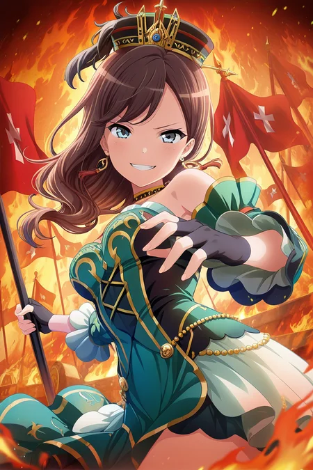 masterpiece, best quality, amazing quality,
 <lora:Koharu_IL:1> koharu, 1girl, hat, gloves, jewelry, earrings, brown hair, blue eyes, fingerless gloves, flag, green dress, long hair, black gloves, weapon, solo, smile, dress, fire, looking at viewer, detached sleeves, grin, bare shoulders