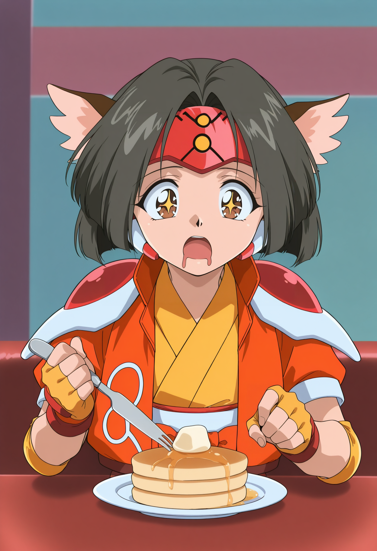 anime coloring, retro artstyle, 1990s \(style\), 1girl, solo, black hair, brown eyes, animal ears, forehead protector, japanese clothes, jacket, short sleeves, elbow pads, fingerless gloves, indoors, sitting, holding fork, holding knife, pancakes, upper body, open mouth, drool, +_+, <lora:Angela_melty:1>, masterpiece, best quality, amazing quality, very aesthetic, absurdres, highres, newest