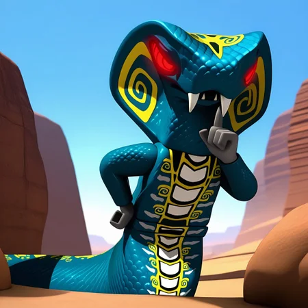 Skales, Hypnobrai, serpentine, snake, small mouth, cobra hood, yellow spirals on hood, teal scales, white yellow light grey and black body markings, head markings, body markings, long tail, very long tail, tail markings, no legs, apode, grey hands, fangs, red glowing eyes, dark red pupils, spirals in eyes, dark eye liner, pointed teeth, 2 fangs, short neck, solo, male, 1boy, no humans, 3D, volumetric lighting, perfect lighting, detailed scales, shiny scales, masterpiece, best quality, amazing quality, very aesthetic, absurdres, newest, high quality, hand on hip, unamused, half lidded eyes, annoyed, looking at viewer, desert, rocks, sandy, sand, sky, blue sky, posing, narrowed eyes, hand up, index finger raised, shushing, bent over, hand on thigh, low-angle view, from below