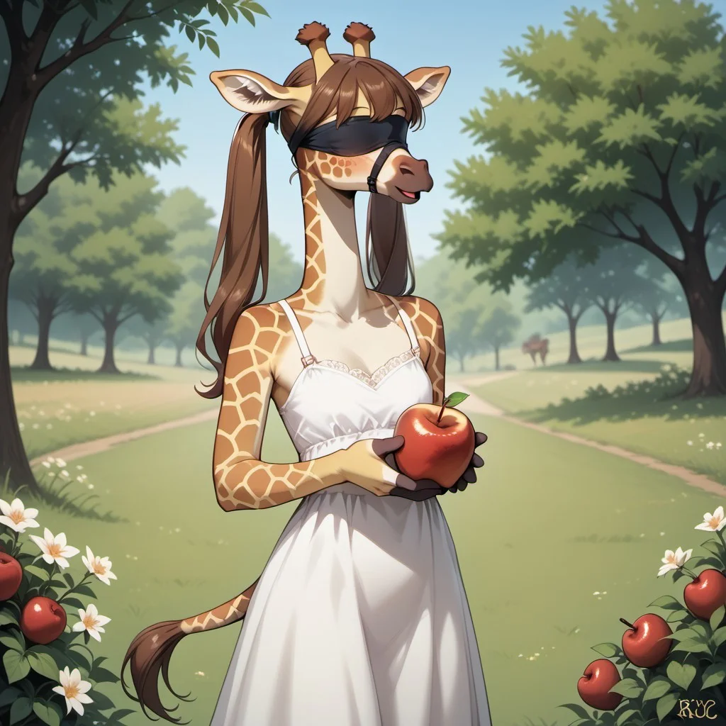 Tarot Card Style, score_9, score_8_up, score_8_up, M4dd13G1r4ff3, a picture of an anthro giraffe, standing, holding fruit, apple, twintails, blindfold, white dress,