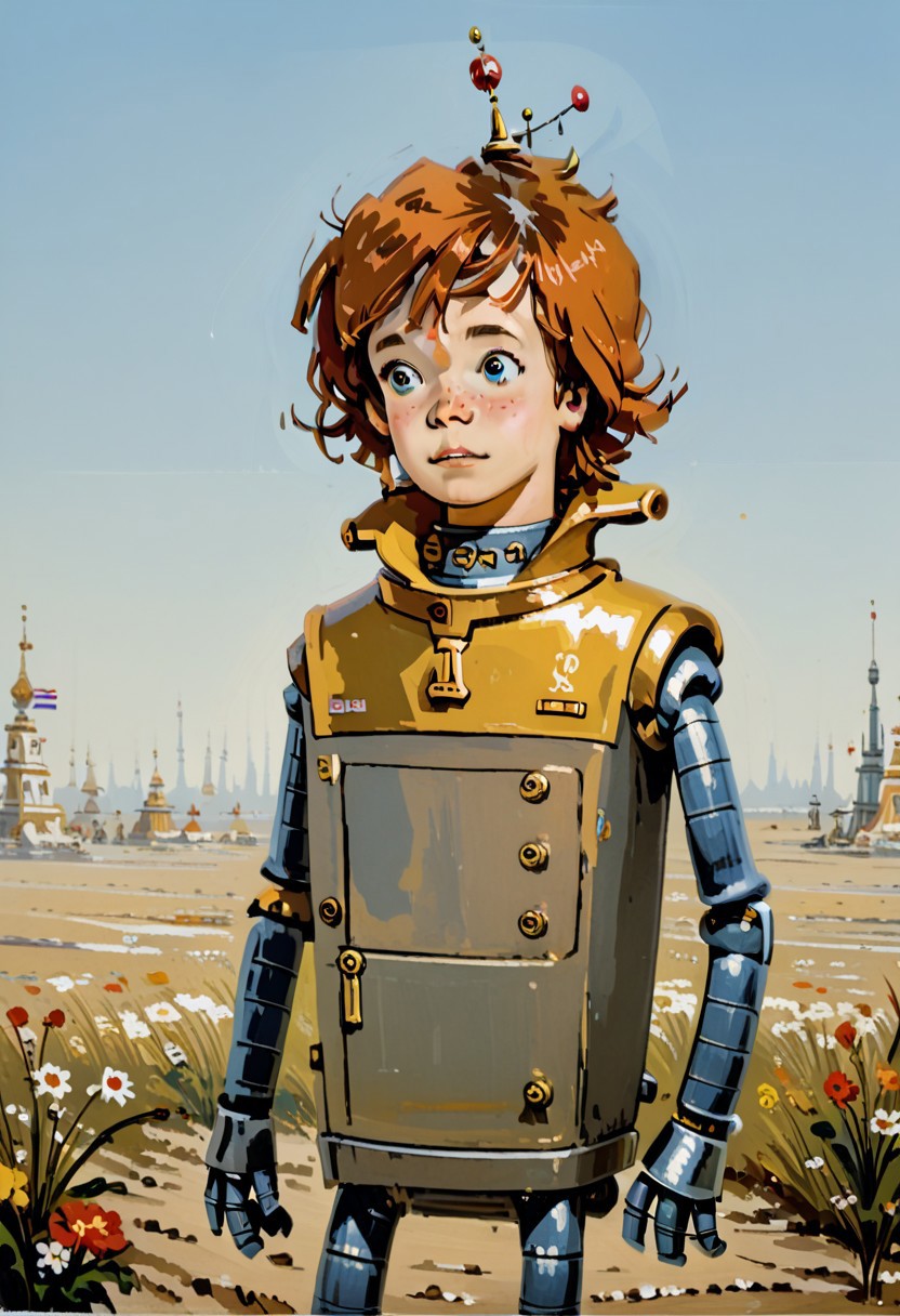 drawn, flat_cartoon_style, Mignstl, golden-red hair, ((flat_chest)), ((Alsel_non_mature_face)), perfect eyes, perfect hands, detailed fingers, (((skinny_short_girl))), ((surprized)) looking at robot_Bender