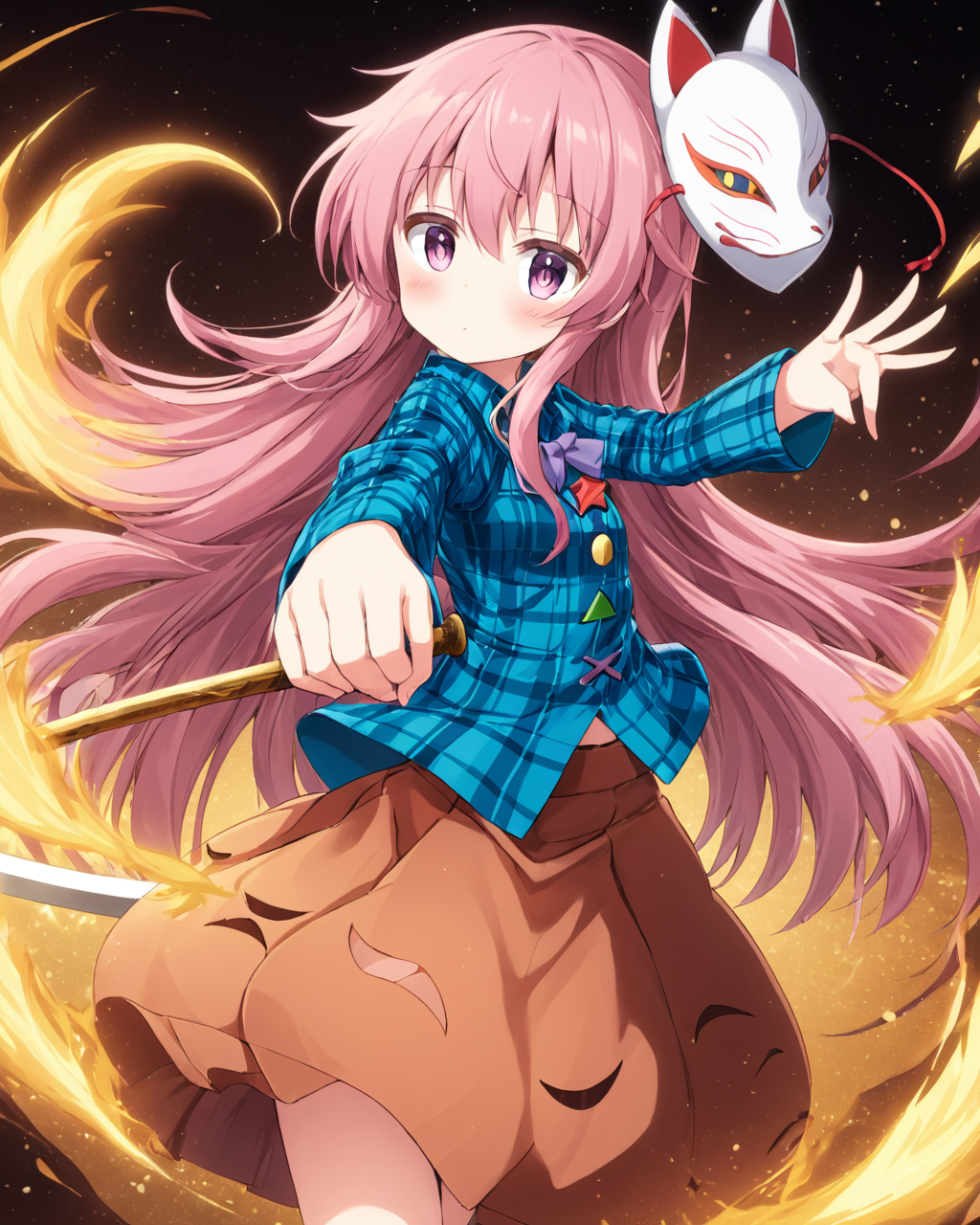 hata no kokoro,1girl, solo, skirt, naginata, plaid_shirt, long_sleeves, looking_at_viewer, oni_mask, fox_mask, blush
<lora:hata_no_kokoro_image5070_2023-12-20:1>,star-shaped_pupils,symbol-shaped_pupils,. gorgeous,key visual, vibrant, studio anime,award-winning, professional, highly detailed,high budget, cinemascope