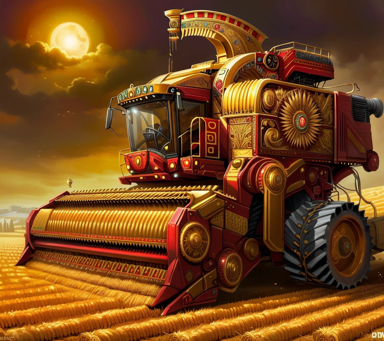 <lora:CulturePunkAI_2:.9>ByzancPunkAI combine harvester Highly detailed, amazing, Impressive lighting, vibrant colors, Ultra Realistic, High quality, Highly detailed, trending on artstation