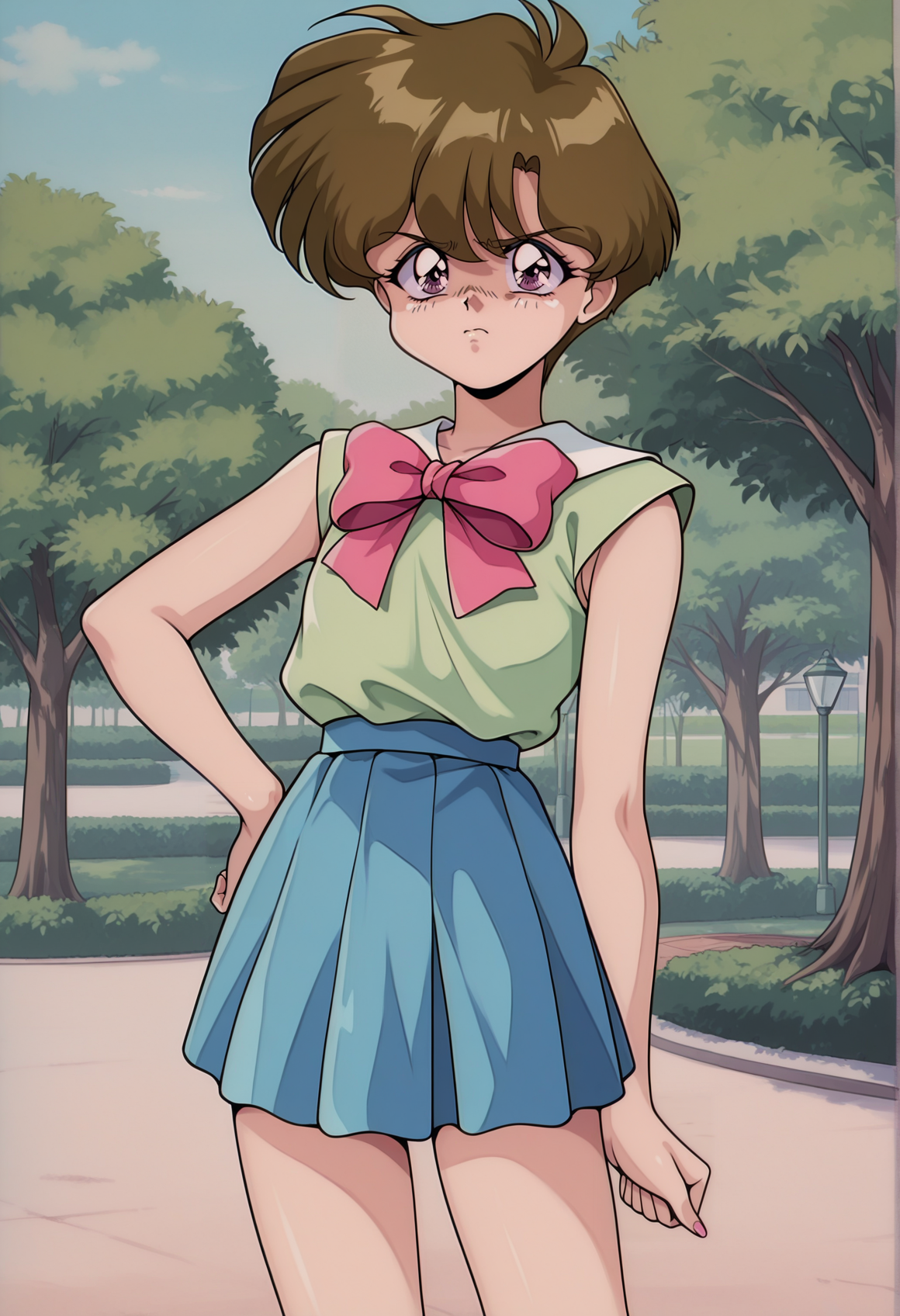 1girl, retro artstyle, 1990s \(style\), short hair, Brown hair, purple eyes, green shirt, sleeveless, pink ribbon, blue skirt, pleated skirt, flat chest, hand on own hip, outdoors, park, looking at viewer, disgust <lora:Jungle_de_Ikou_illus:1>, masterpiece, best quality, amazing quality, very aesthetic, absurdres, highres, newest
