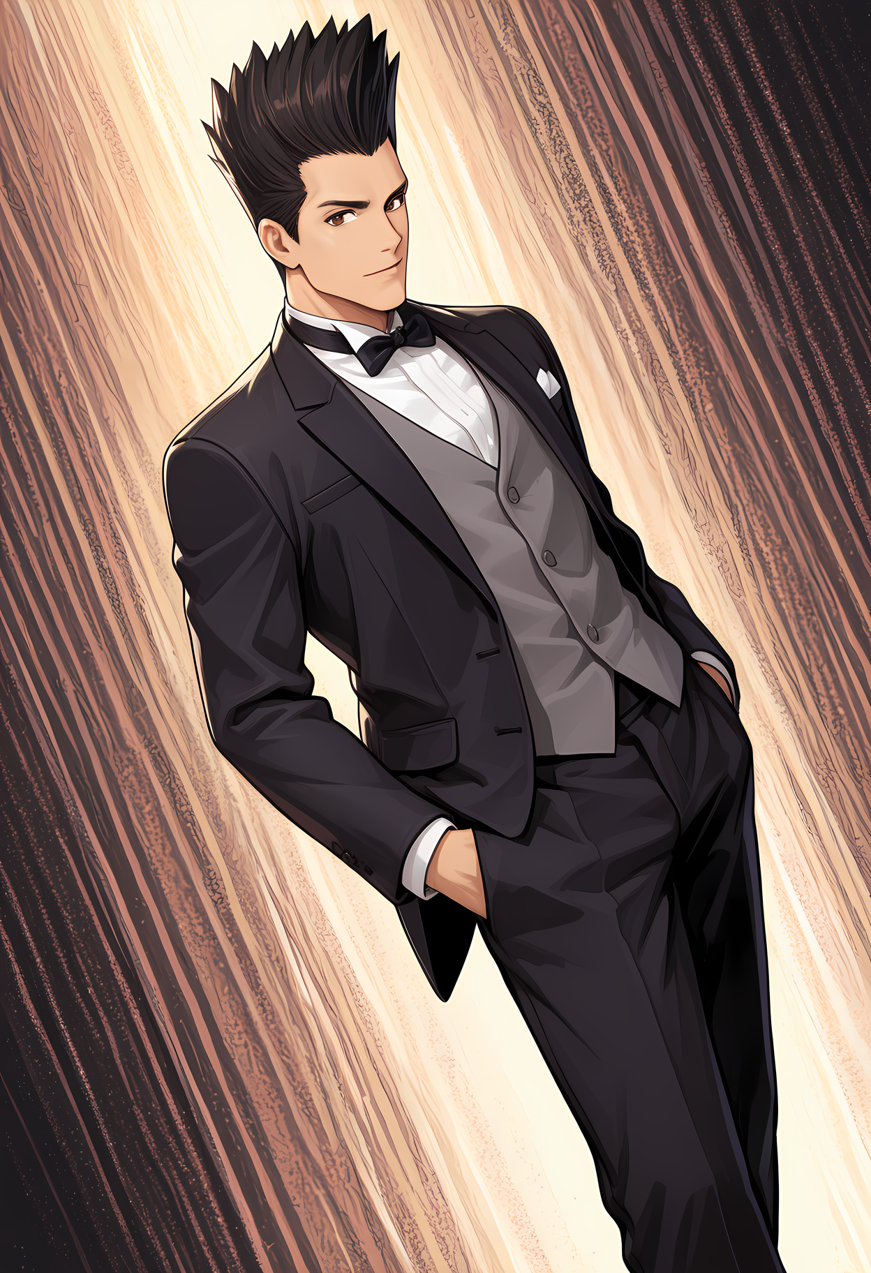masterpiece, best quality, amazing quality, dutch angle, abstract background, BREAK
1boy, solo, male focus, ff_joe, black hair, spiked hair, brown eyes, tuxedo, formal, bow tie, BREAK
<lora:cfg_scale_boost:.6> <lora:Joe_Higashi_-_Fatal_Fury_-_ILXL:1>