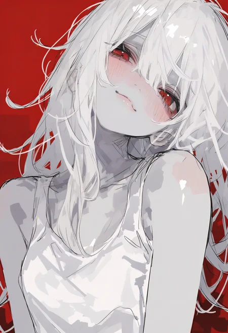 <lora:748cmSDXL:1>, best quality, masterpiece, 748cmstyle, 1girl, white hair, long hair, messy hair, red eyes, pale skin, blush, light smile, head tilt, upper body, white tank top, red background, white outline, sketch,