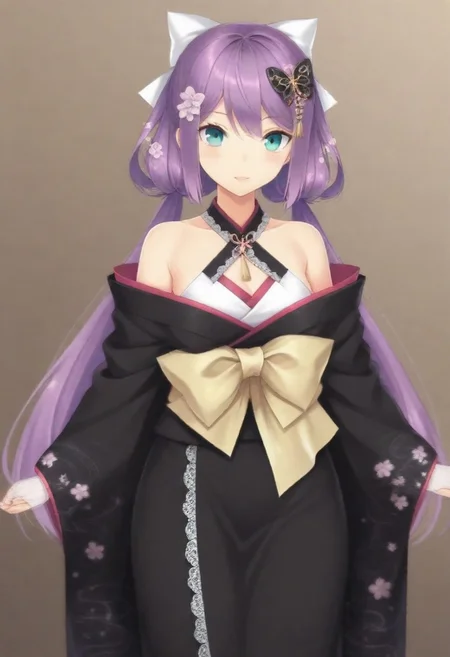 masterpiece, best quality, amazing quality,,, shiny skin,,,,,,,,nijiritsuki,,green eye,purple hair,makeup,long hair,low twintails,butterfly ornament,hair bow,white bow,hair flower,nijiritsukicos,black kimono,floral print kimono,frill-trimmed kimono,lace-trimmed kimono,off shoulder,bare shoulder,x-cross halterneck,long sleeves,wide sleeves,long skirt,obi,sash,waist bow,long bow,white lace gloves,long gloves,fingerless gloves,
