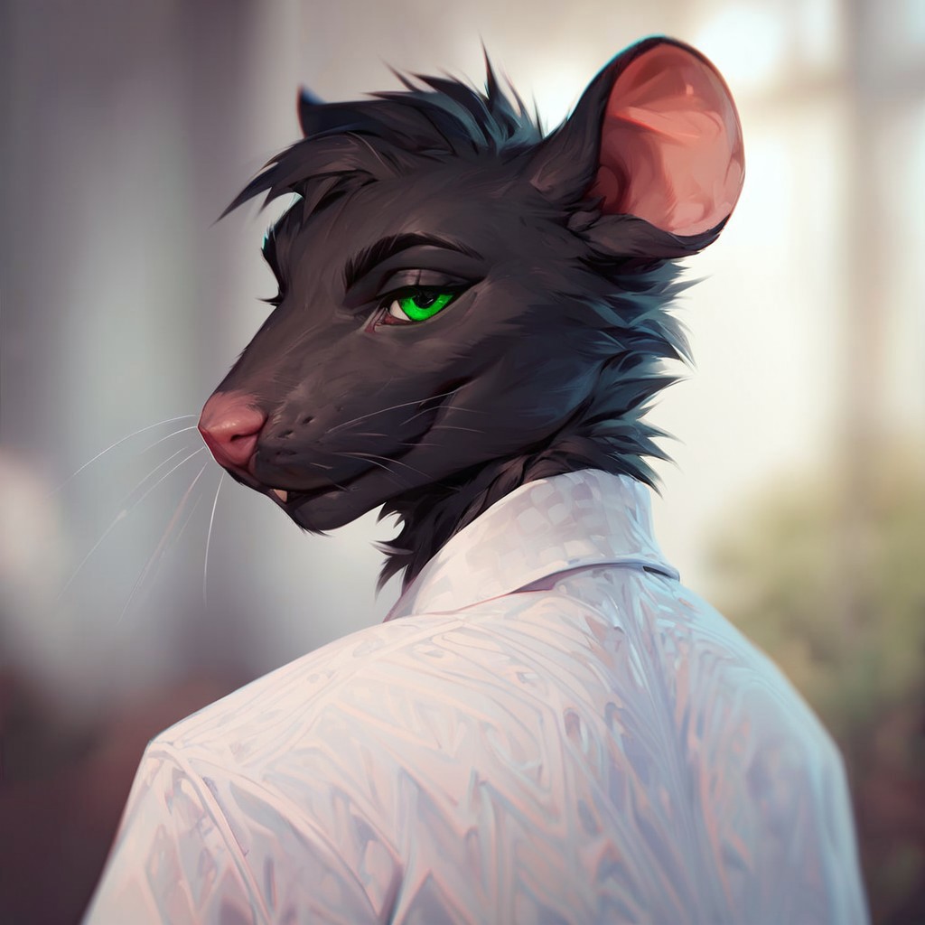 (((beautiful, high quality))), upper Body, score_9, score_8_up, score_7_up, 
ratfolk, furry rat, 1male, black fur, green eyes, white shirt,
looking at the viewer, posing, blurred background,