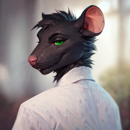 (((beautiful, high quality))), upper Body, score_9, score_8_up, score_7_up,
ratfolk, furry rat, 1male, black fur, green eyes, white shirt,
looking at the viewer, posing, blurred background,