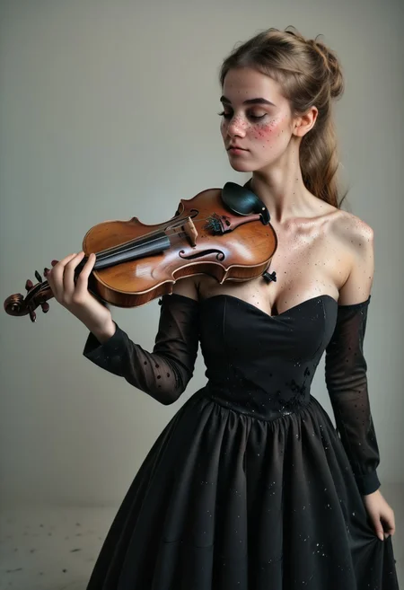 score_9, score_8_up, score_7_up, score_6_up, instagram photo, realistic face, from side, 1girl, 18 years old, from above,, a female play violin, playing violin, violin, <lora:violin-without-bow-pony:0.64>,black dress, glitter,long sleeves, collared dress , high detail, bare shoulders,,8K quality, <lora:nsfwsks:1> ,<lora:detailz:1>.