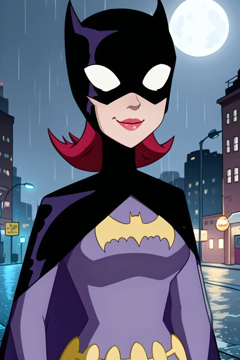 batgirl, 1girl, solo, smile, black mask, (white eyes, no pupils:0.9), red hair, lipstick, red lips, black cape, bat print, dark purple bodysuit, utility belt, black gloves, looking at viewer, upper body, raining, rain, night, city, street, moon, zPDXL, <lora:Batgirl:0.85>, <lora:LeisureSuitLarry-WD-PonyXL-V1:0.8>