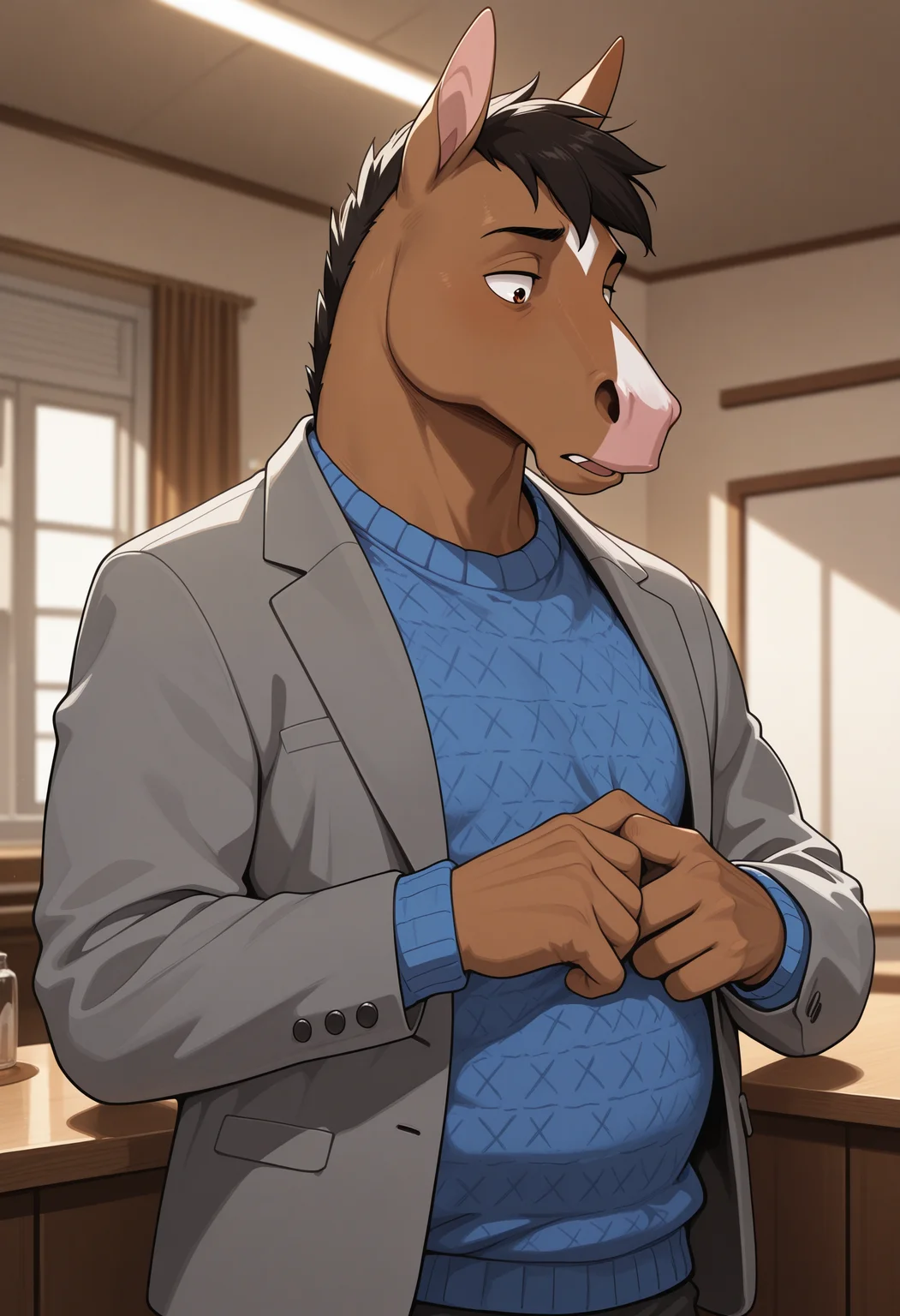 masterpiece, best quality, amazing quality, solo, 1boy, BojackHM, blue sweater, grey jacket
