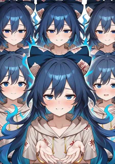 masterpiece, best quality, absurdres, perfect lighting,shiny skin,<lora:spo_sdxl_10ep_4k-data_lora_webui:0.6>,lineup,(yorigami shion:1.5), <lora:girls_lineup_IL:1>,open hands,reaching hands,nervous smile,smirk,blue_aura,dark_?g