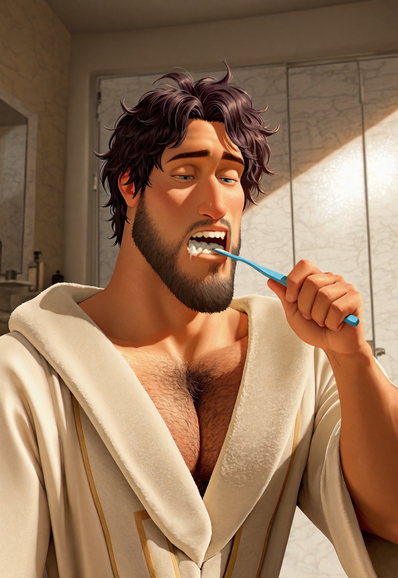 masterpiece, best quality, amazing quality, detailed background, intricate details, dynamic, cinematic, animated, anime realistic shading, solo, male focus, 1boy, handsome, m3tr0, dark hair, messy hair, short hair, beard, chest hair, blue eyes, half lided eyes, muscular male, white robe, pectoral cleavage, tooth brush, holding, brushing teeth, bathroom background