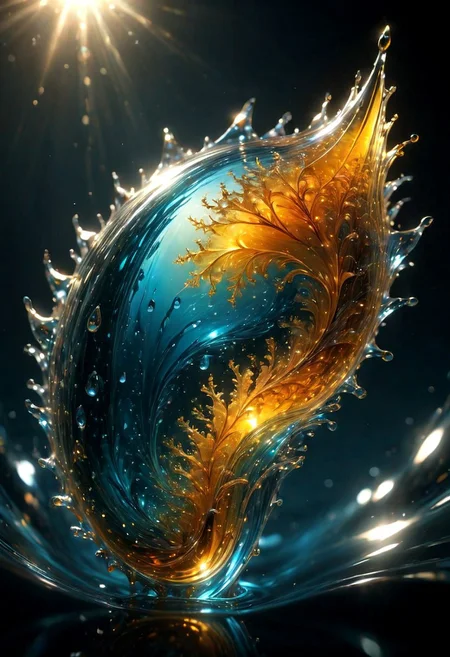 An abstract shape, amazingly fluid, made of glass, detailed, 3d fractals, light particles, water drops, shimmering light, surreal, ink, smooth, shimmering, glow, cinematice contrast, Glow, 16k, crystal clear,