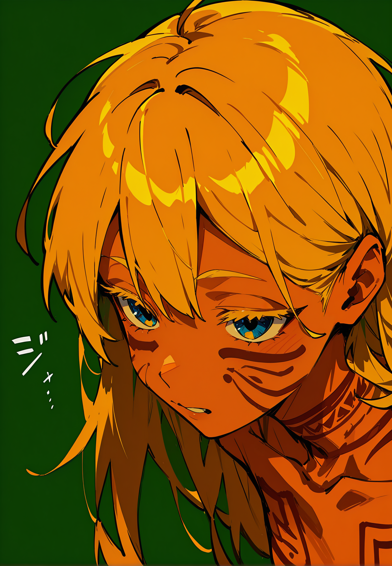 1girl,   golden hair,  very long hair,          
BREAK (perspective),  1girl, detailed face, jawline, lustful eyes, close up,        sound effects, 
BREAK                 tomboy, (bodypaint, tribal), facepaint, full-body tattoo, (green background),       
BREAK general, masterpiece, best quality, absurdres, highres, newest, <lora:Alcedinidae_v1.2:0.8>