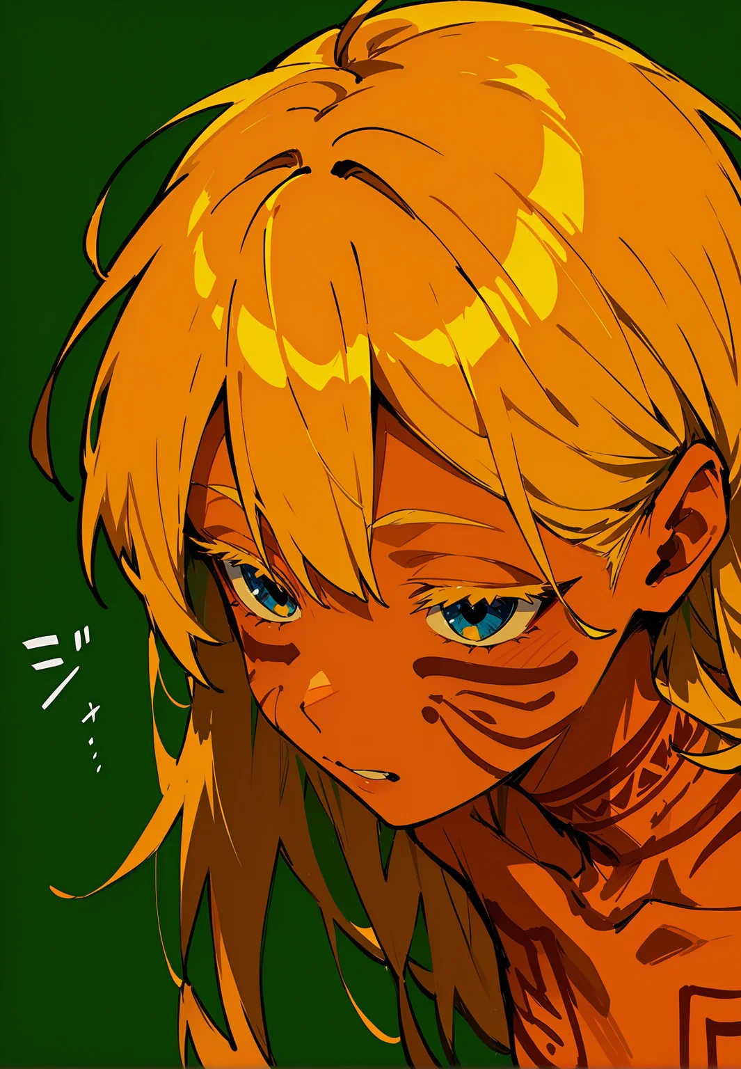 1girl, golden hair, very long hair,
BREAK (perspective), 1girl, detailed face, jawline, lustful eyes, close up, sound effects,
BREAK tomboy, (bodypaint, tribal), facepaint, full-body tattoo, (green background),
BREAK general, masterpiece, best quality, absurdres, highres, newest, <lora:Alcedinidae_v1.2:0.8>