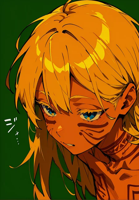 1girl,   golden hair,  very long hair,          
BREAK (perspective),  1girl, detailed face, jawline, lustful eyes, close up,        sound effects, 
BREAK                 tomboy, (bodypaint, tribal), facepaint, full-body tattoo, (green background),       
BREAK general, masterpiece, best quality, absurdres, highres, newest, <lora:Alcedinidae_v1.2:0.8>