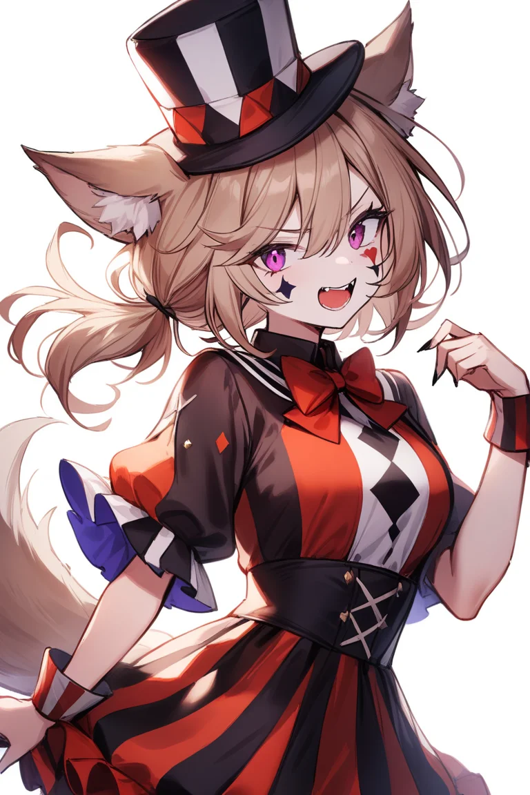 <lora:liberte:0.6>,liberte,1girl,solo,white background,simple background,wolf ears,hat,clown clothing,, masterpiece, best quality, very aesthetic, absurdres