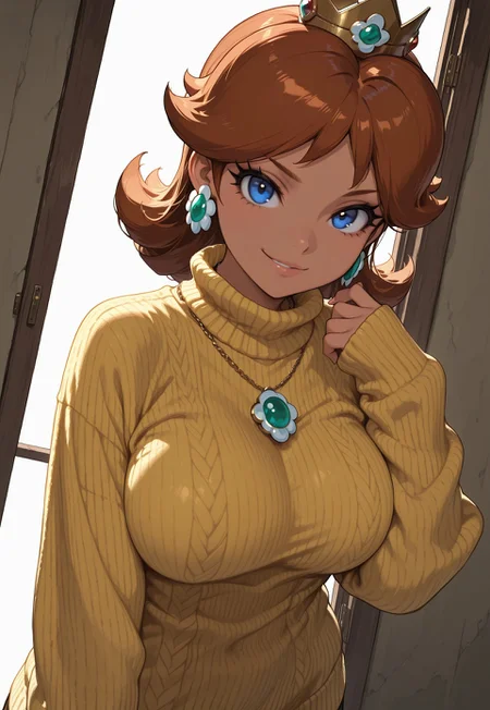 masterpiece, best quality,high quality, newest, highres,absurdres, Sinozick_illu, 1girl, solo, blue eyes, dark skin, jewelry, brown hair, princess daisy, crown, large breasts, looking at viewer, , dutch angle, soft lighting, smirk, pendant necklace, cashmere sweater, long sleeves, sleeves past wrists, yellow sweater