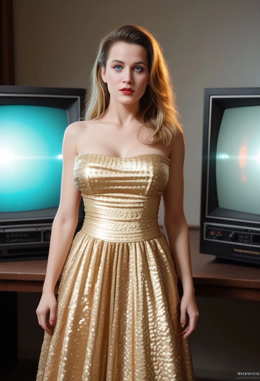 Supermodel sitting on ((dzktxez)), (1girl, female focus, large breasts, blonde hair, bare shoulders, victorian gold dress), ((television screen, tv show)), close up, extremely detailed, Create a captivating scene of glamorous supermodels in gold dresses perched on 1980s retro televisions. Emphasize the (radiant:1.3) presence of the models, the (shimmering:1.2) gold dresses, and the (nostalgic:1.1) ambiance of the retro TVs. Inspired by the works of (Helmut Newton:1.4) and (Andy Warhol:1.3), ultra HD, realistic 8K raw photography, prismatic sci fi inspired DSLR photography, HDR, UHD, 64K, vivid details, vibrant colors, natural lighting, volumetric lighting, bokeh, extremely detailed, cyberpunk theme, retro futurism, 128k, world morph, zPDXL