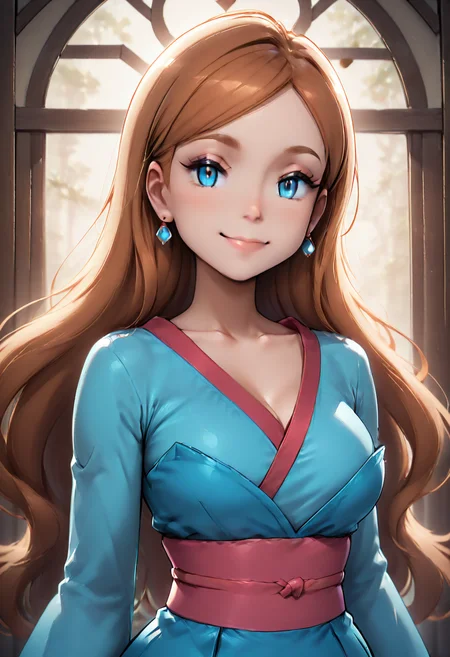 masterpiece, best quality, 1girl, solo, looking at viewer, smile, zzLinnea, blue eyes, brown hair, long hair, earrings, blue kimono, sash, , <lora:LinneaPokemon_IXL_v2:1.0>, , smile, looking at viewer, zzHyp3r, upper body, backlighting, <lora:HyperHighlight_IXL:0.8>,