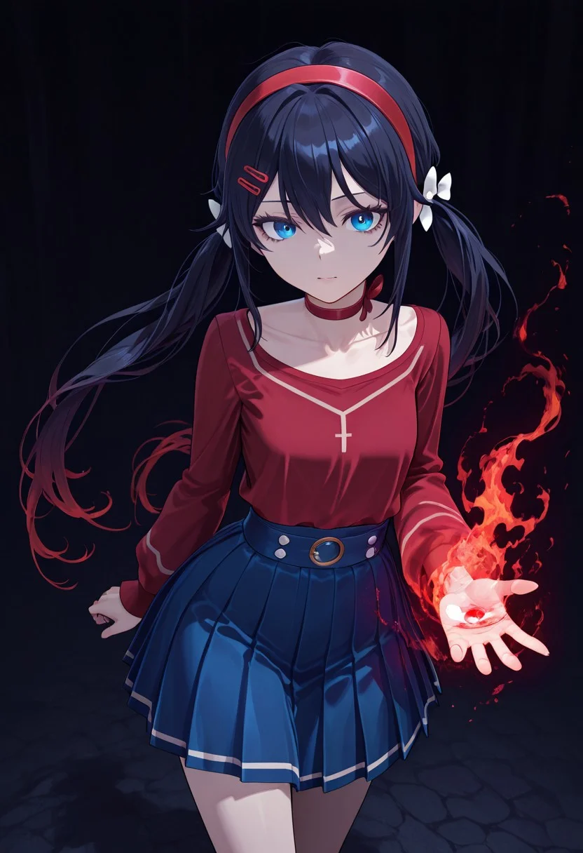 mita,1girl, solo, petite, hair ornament, perfect, sexy, twintails, red choker, red hairband, long hair, blue eyes, black hairs, blue skirt, white bows, two ordinary small red clips, red shirt,
casting magic spell, blood flame magic, hairs flowing on the wind, red fire all around, dark blood magic vibe