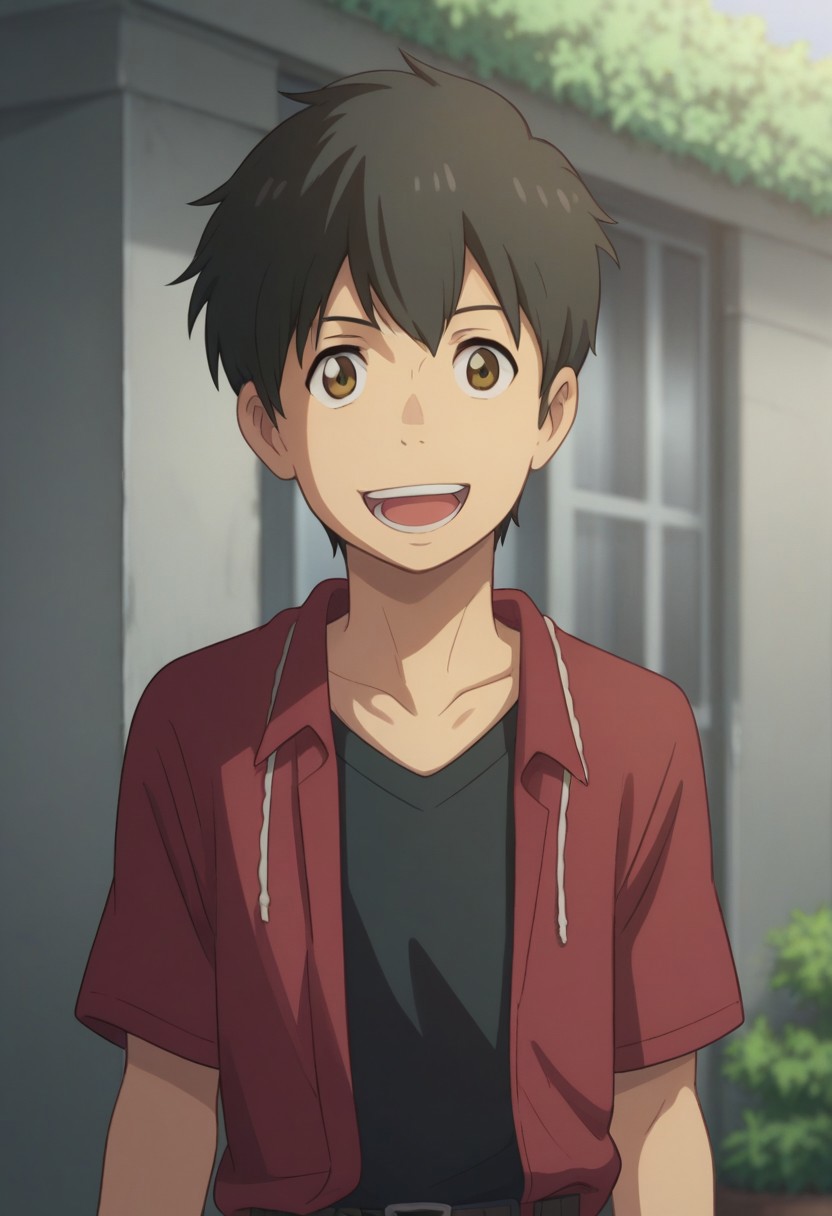 score_9, score_8_up, source_anime, highly detailed, 
hodaka, 1boy, male focus, black hair, solo, brown eyes, open mouth, smile, looking at viewer, shirt, red shirt, open shirt, t-shirt, black t-shirt, shirt, belt, upper body
outdoor, tokyo,
