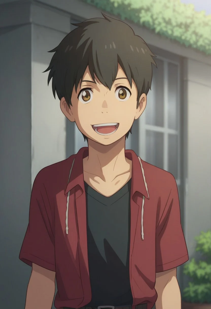 score_9, score_8_up, source_anime, highly detailed, 
hodaka, 1boy, male focus, black hair, solo, brown eyes, open mouth, smile, looking at viewer, shirt, red shirt, open shirt, t-shirt, black t-shirt, shirt, belt, upper body
outdoor, tokyo,