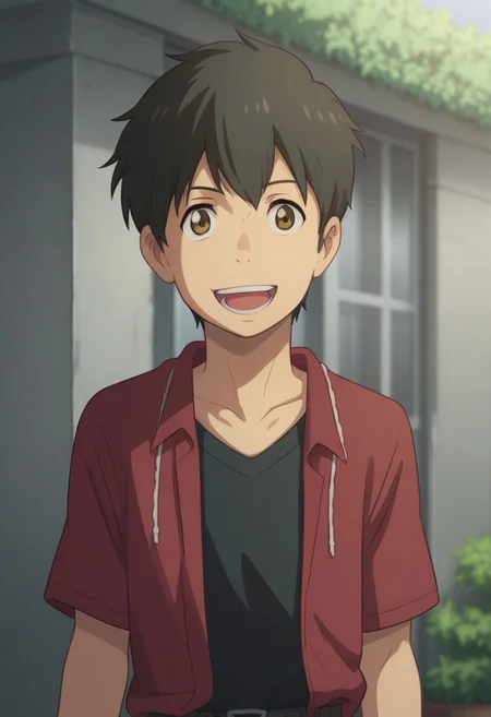 score_9, score_8_up, source_anime, highly detailed,
hodaka, 1boy, male focus, black hair, solo, brown eyes, open mouth, smile, looking at viewer, shirt, red shirt, open shirt, t-shirt, black t-shirt, shirt, belt, upper body
outdoor, tokyo,