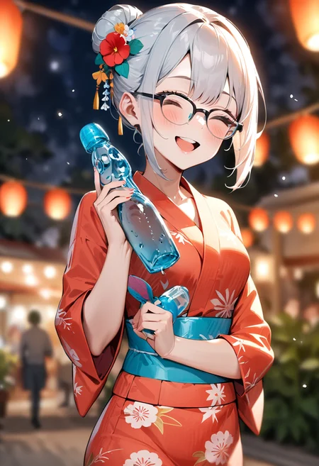 masterpiece, best quality, very aesthetic, absurdres,
ramune, food, bottle, 1girl, solo, holding bottle, blurry background, depth of field, holding, glasses, happy, smile, yukata, uchiwa, hair bun, hair ornament, hair flower, paper fan, paper lantern, night, summer,
<lora:ramune_SDXL_V1:1>