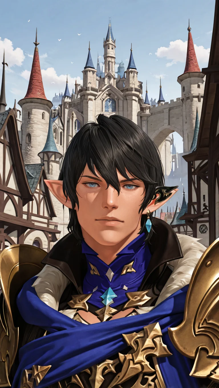 masterpiece,best quality,absurdres,newest,perfect quality,best quality,absolutely eye-catching,detailed background,male focus,solo,realistic,<lora:FFXIV - Aymeric de Borel - Illustrious-000006:0.7>,seraymeric,1boy,elezen,adult male,black hair,short hair,blue eyes,single ear cuff,single earring,blue hooded robe,pauldrons,outdoors,town,castle,upper body,head tilt,looking at viewer,portrait,elbow gloves