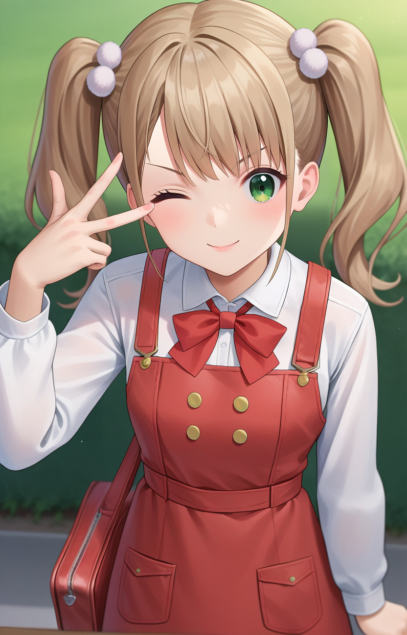 <lora:v_w_backhand_XL_v1_wasabiya:1>,score_7_up, anime, w over eye, 1girl, solo, green eyes, light brown hair, long hair, twintails, looking at viewer, one eye closed, v-shaped eyebrows, smile, long sleeves, pinafore dress, red bowtie, white shirt, pom pom hair ornament, hands up, crime prevention buzzer, red bag, depth of field