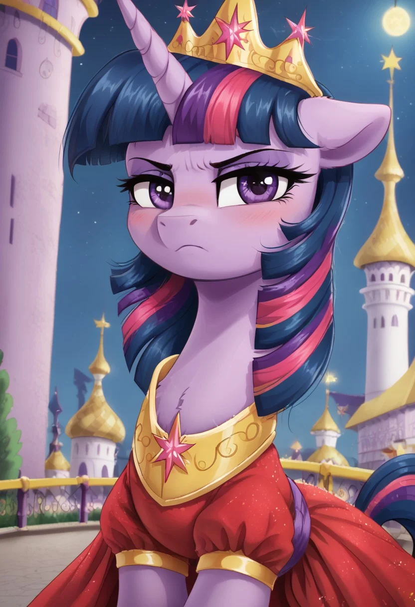 score_9, score_8_up, score_7_up, score_6_up, score_5_up, score_4_up, g4, pony, feral pony, twilight sparkle, crown, serious, dress, look at you, canterlot, night, blushing, cute, glare, high res,
