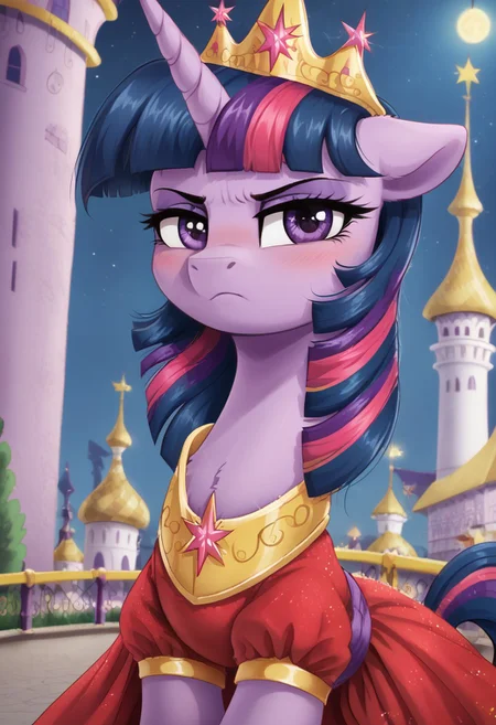 score_9, score_8_up, score_7_up, score_6_up, score_5_up, score_4_up, g4, pony, feral pony, twilight sparkle, crown, serious, dress, look at you, canterlot, night, blushing, cute, glare, high res,