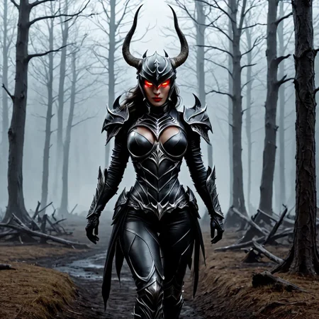Medium shot, realistic photo, UHD, 4k. A massive, bodbyuilder girl:1.1 emerges from the mist, the demonic assassin’s muscularity exaggerated by the sleek, glossy black armor that molds to her body like a second skin. The crimson cracks in her armor pulse with dark energy, her shoulders and arms rippling with power beneath the tight material. She wears a horned helmet that conceals part of her face, leaving only her glowing eyes visible. Behind her, twisted, dead trees lean toward her presence as though drawn by her power, while the dilapidated statues of forgotten angels crumble at her feet. The cold, pale moonlight casts long shadows across the uneven, fog-drenched ground.