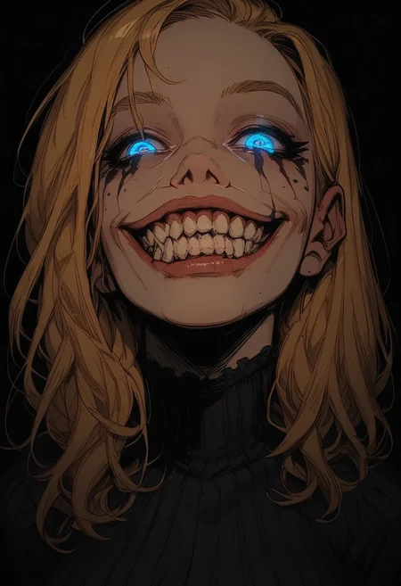 (score_9, score_8_up), score_7_up, score_6_up,  volumetric lighting, BREAK, Ellie_Buckingham 1girl, solo, blue eyes, blonde hair, long hair, breasts, large breasts, 
1 girl, portrait shot, close up on face, teeth, open mouth, smile, grin, sharp teeth, glowing eyes, g0thicPXL, glowing, neon,
y0u4r34lr34dyfuck3dupsm1l3, YouAreAlreadyFuckedUpSmile, sololevelingstatuesmile,
dark background, horror, partially covered in shadow 
sinozick style
volumetric lighting
face half in shadow
flat color, dark theme