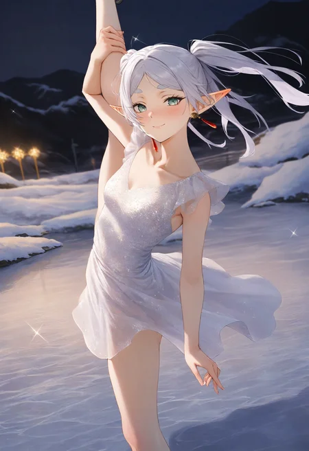 by [lack|fuzichoco|lam|kinta \(distortion\)|wlop|quasarcake|nixeu|happoubi jin|miyajima reiji],
ice skating, ice skates, 1girl, frieren, twintails, solo, looking at viewer, smile, breasts, standing on one leg, white dress, collarbone, blush, leg up, white hair, sequins, glint, sparkle, snow, backlighting, night, moonlight, outdoors, leg hold, standing split, from side, frozen lake,
impasto, vignetting, chiaroscuro, very awa, masterpiece, best quality, very aesthetic, absurdres
<lora:illustrious_winter_collection_v11:1>